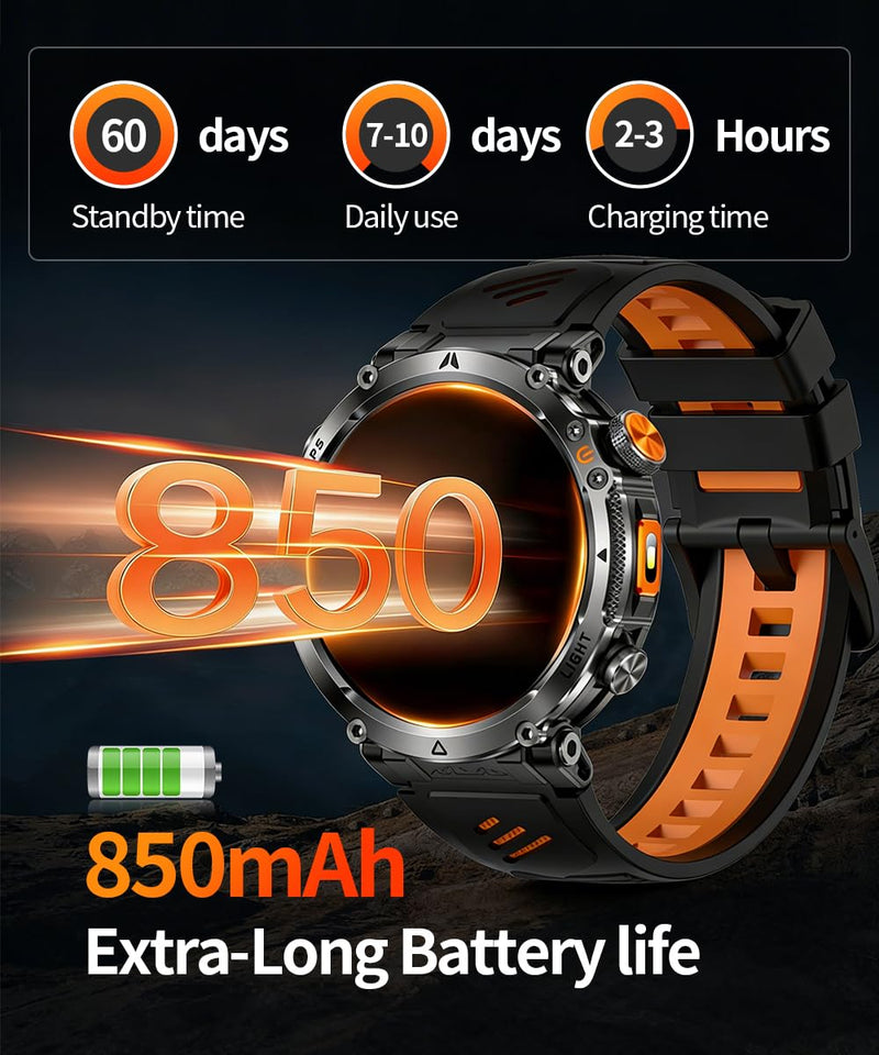 Military Smart Watch for Men, 1.7" HD Rugged Smartwatch with GPS, Bluetooth Call, 100+ Sports Modes, Heart Rate Blood Pressure Sleep Monitor, IP68 Waterproof Fitness Tracker (Black orange Band) Black orange Band