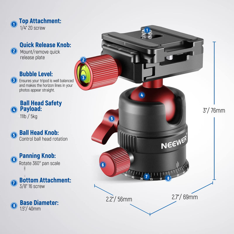 NEEWER Tripod Head, 360° Rotating Panoramic Ball Head with 1/4” Quick Shoe Plate for Tripod Monopod Slider DSLR Camera Camcorder, Max Load up to 5kg/11lb – GM28