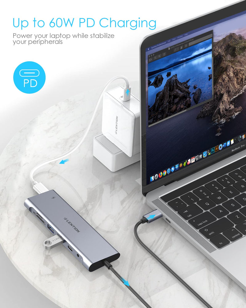 LENTION 3.3FT Long Cable USB C Hub with 4K HDMI, 2 USB 3.0, Card Reader, Aux, Type C Data/Charging Compatible 2022-2016 MacBook Pro, Mac Air/Surface, More, Stable Driver Adapter (CB-C37, Space Gray)
