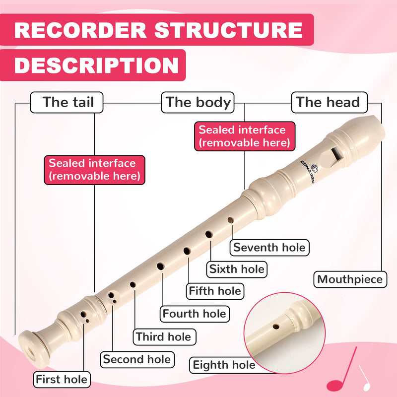 Soprano Recorder Instrument for Kids&Student - German Fingering 8 Hole Flute ABS Descant Recorders for Beginners with Cleaning Rod and Bag, Beige 8 hole German-style Beige (ABS)