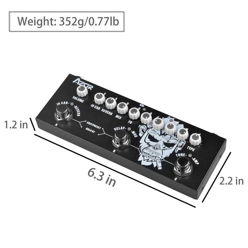 AZOR Multi Effects Guitar Pedal with 3 Preset,8 IR Cab 9 AMP Models, Reverb Delay Overdrive, Distortion and Tuner for Electric Guitar, Rechargable Multi Effect Pedal