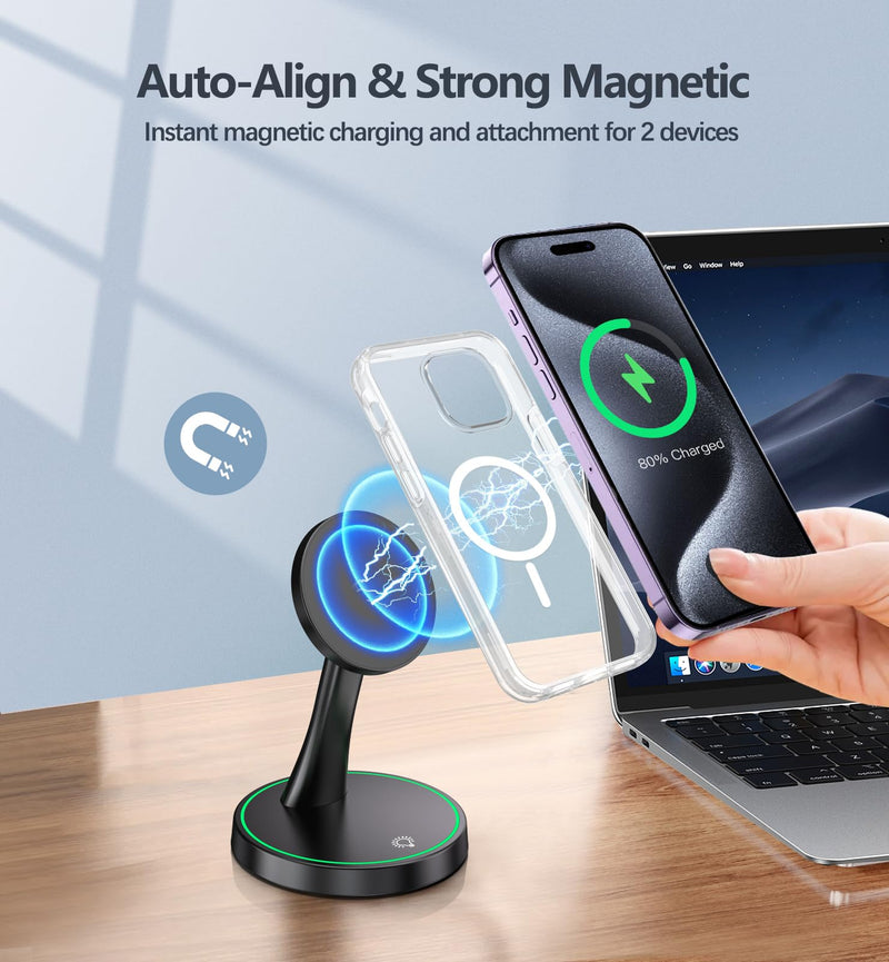 Magnetic Wireless Charger Stand 15W Fast Mag-Safe Charger for iPhone 15/15 Pro/15 Plus/15 Pro Max/14/13/12 Series Magnet Wireless Charging Station/Pad with Sleep-Friendly Light for AirPods 3/Pro/Pro 2 Black
