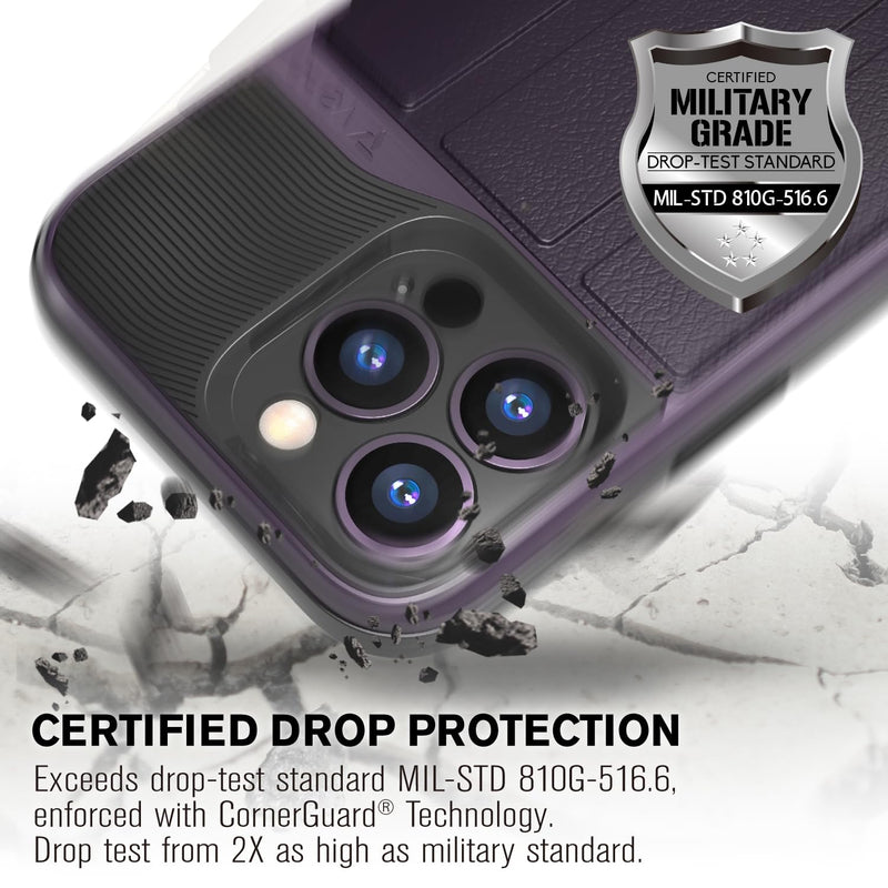 VENA vCommute Wallet Case Compatible with Apple iPhone 14 Pro Max (6.7"), (Military Grade Drop Protection) Flip Leather Cover Card Slot Holder with Kickstand - Deep Purple/Black