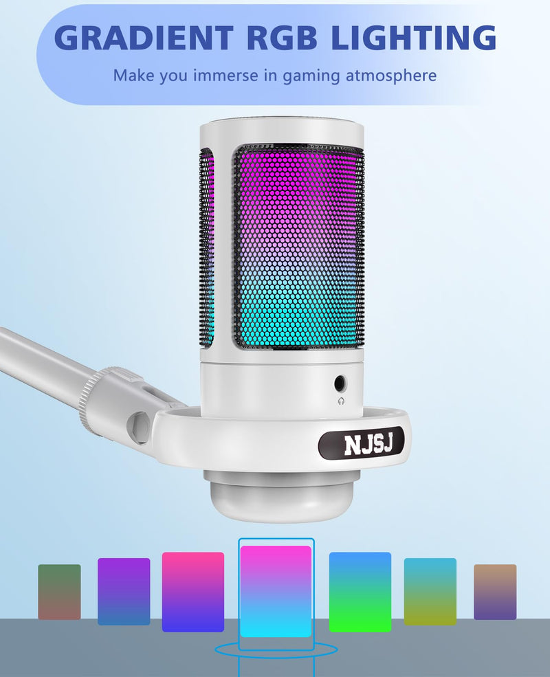 [AUSTRALIA] - NJSJ USB Microphone for PC, Gaming Mic for PS4/ PS5/ Mac/Phone,Condenser Microphone with Touch Mute, RGB Lighting,Gain knob & Monitoring Jack for Streaming,Podcasting (with Desktop Stand, White) With desktop stand 