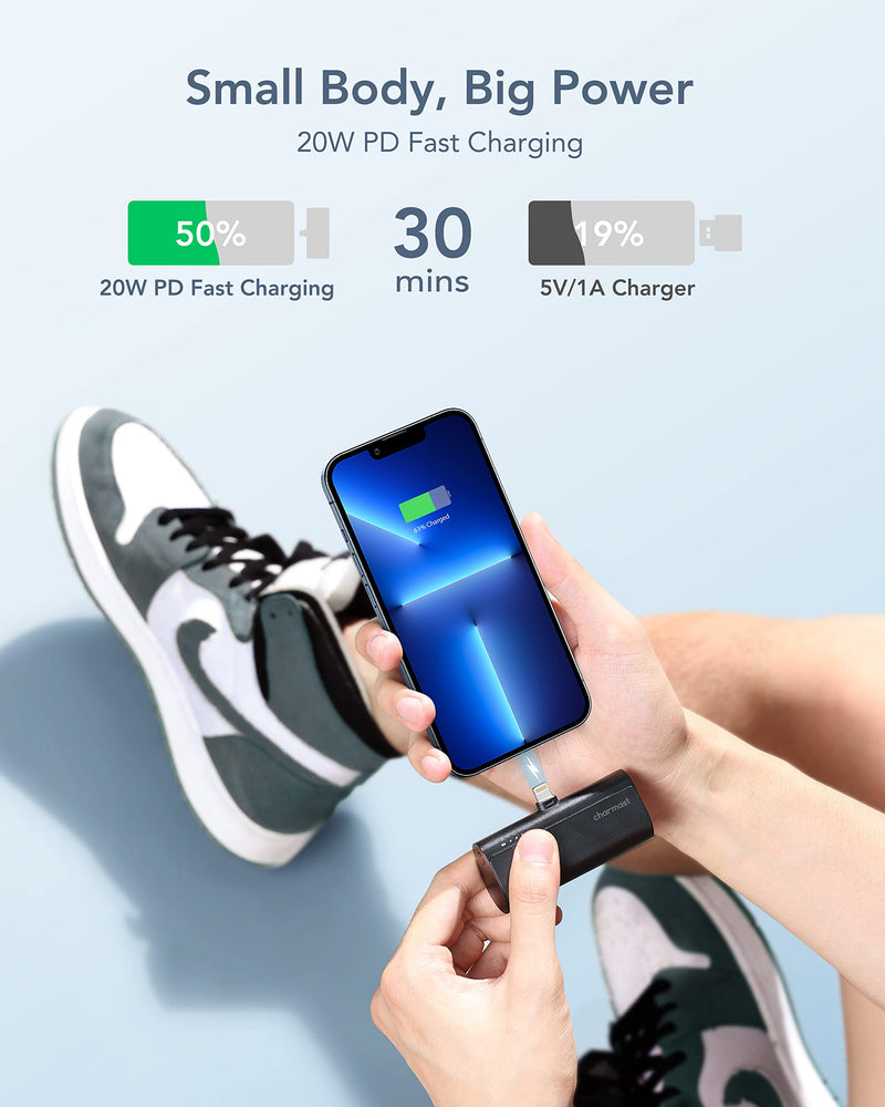 Charmast Small Portable Charger 5000mAh, Ultra-Compact 20W PD Fast Charging Power Bank Mini Battery Pack Compatible with iPhone 14/14 Pro Max/13/13 Pro Max/12/12 Pro Max/11/XR/X/8/7/6, and More A Black