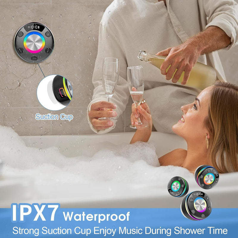 OYIB Bluetooth Shower Speaker, Portable Bluetooth Speaker 360° HD Sound, RGB Lights, IPX7 Waterproof Wireless Speaker with Suction Cup and Mic, Shower Radio for Party/Outdoor/Travel/Gifts/Black Deep Black