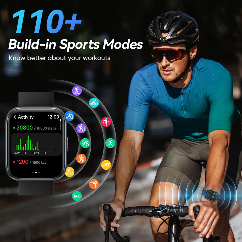 Smart Watches for Men Android & iPhone, 1.8" HD Alexa Built-in Smartwatches Fitness Tracker Watch with Bluetooth Calls, IP68 Waterproof, Heart Rate/Sleep/SpO2 Monitor, 110 Sport Modes - Black Deep Black