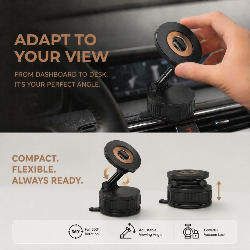 Vacuum Lock Magnetic Car Phone Holder, 5lbf Strong Suction, 360° Adjustable Triple-Axis Phone Stand, Reusable Washable PU Gel Base for iPhone 12-16 Series, Android Smartphones, Black