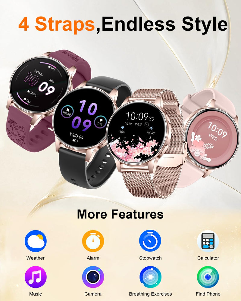 Smart Watch for Women, 1.27" Fitness Watch with Bluetooth Make & Answer Calls,24H Heart Rate/SpO2/Sleep Monitor,120+ Sport Modes IP68 Fitness Tracker Compatible with iOS & Android (4 Straps)