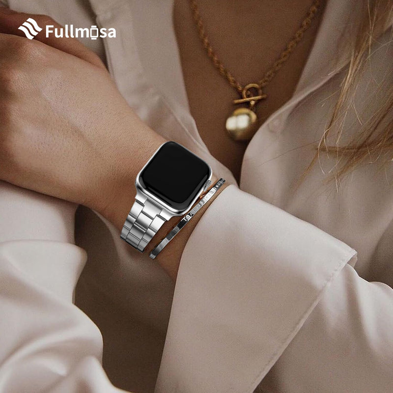 Fullmosa Compatible Stainless Steel Apple Watch Band with case 44mm/45mm/42mm Coffee Gold & Compatible Metal Apple Watch Band with case 44mm/45mm/42mm,Silver