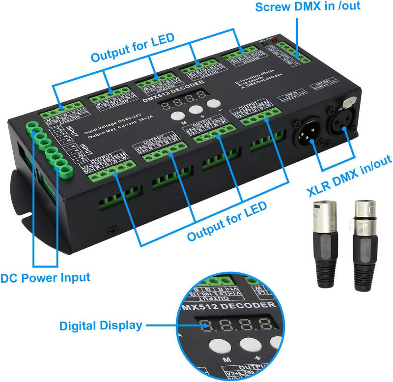 [AUSTRALIA] - 36 Channel DMX Decoder,72A RGBW led light dmx controller Digital Display DMX512 Dimmer DC9V-24V 8 Bit 2A/CH 36 channel with display 