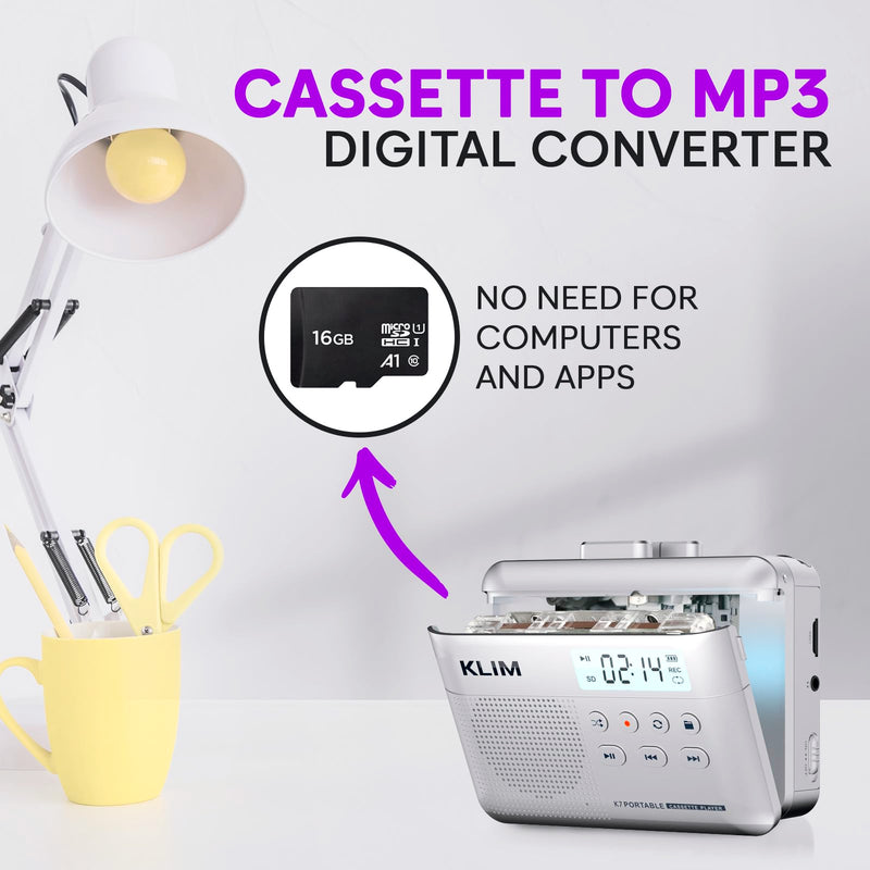 [AUSTRALIA] - KLIM K7 Cassette Tape Player - Cassette to MP3 Converter - Portable - Built-in Microphone & Speaker - Rechargeable Battery - Earphones - 16GB SD Card - Silver 