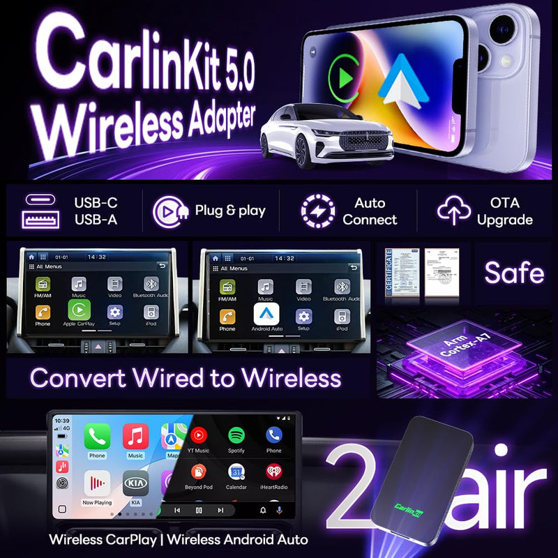 CarlinKit 5.0 Wireless CarPlay & Android Auto Adapter 2AIR | 5GHz WiFi | Wired to Wireless | Plug-and-Play | Auto Connect | for OEM Wired Cars | Online Upgrade | Voice, Music, Navigation