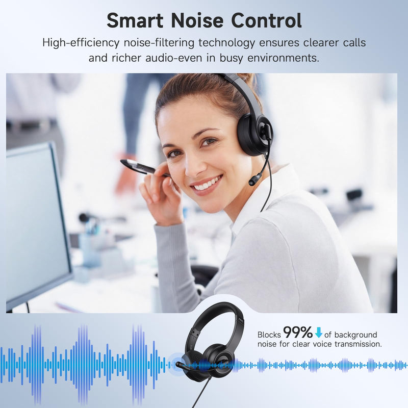 [AUSTRALIA] - AOC USB Headset with Microphone for PC, Over-Ear Wired Headphones with Noise-Cancelling Mic, 40mm Audio Drivers, USB-A Computer Headset for Office, Teams, Call Centers & Online Meetings (Black) Black 