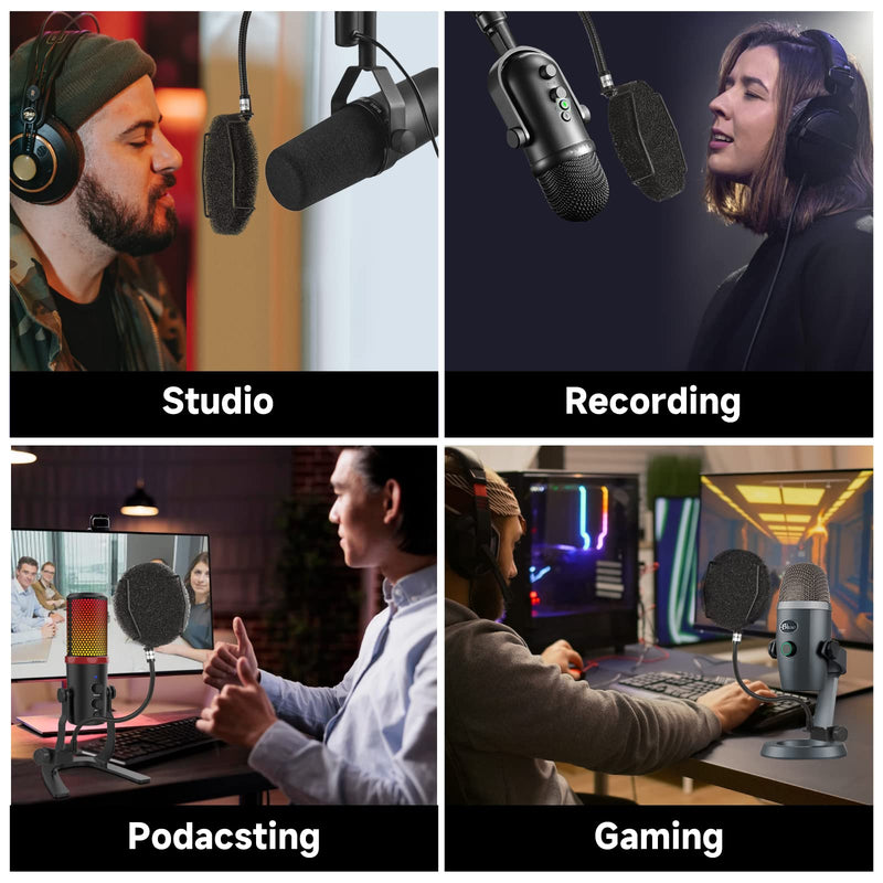 Pop Filter for Microphone - Sponge Layered Pop Wind Screen with Enhanced Flexible 360° Gooseneck Black Pop Filter