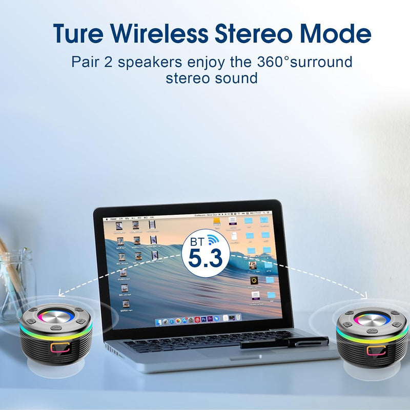 OYIB Bluetooth Shower Speaker, Portable Bluetooth Speaker 360° HD Sound, RGB Lights, IPX7 Waterproof Wireless Speaker with Suction Cup and Mic, Shower Radio for Party/Outdoor/Travel/Gifts/Black Deep Black