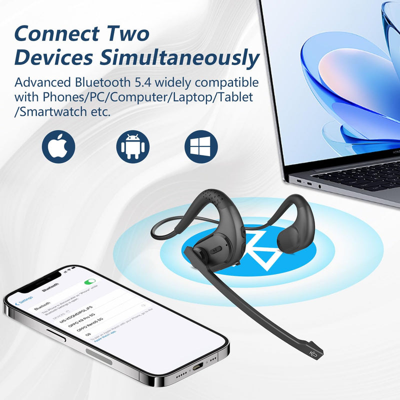 [AUSTRALIA] - BANIGIPA Bluetooth Headset with Removable Microphone, Noise Cancelling Wireless Headset for Phones Laptop Computer PC, Open Ear Headphones for Office Meeting Running Cycling Driving Working-12 Hrs A-G9 Black Headset Set 