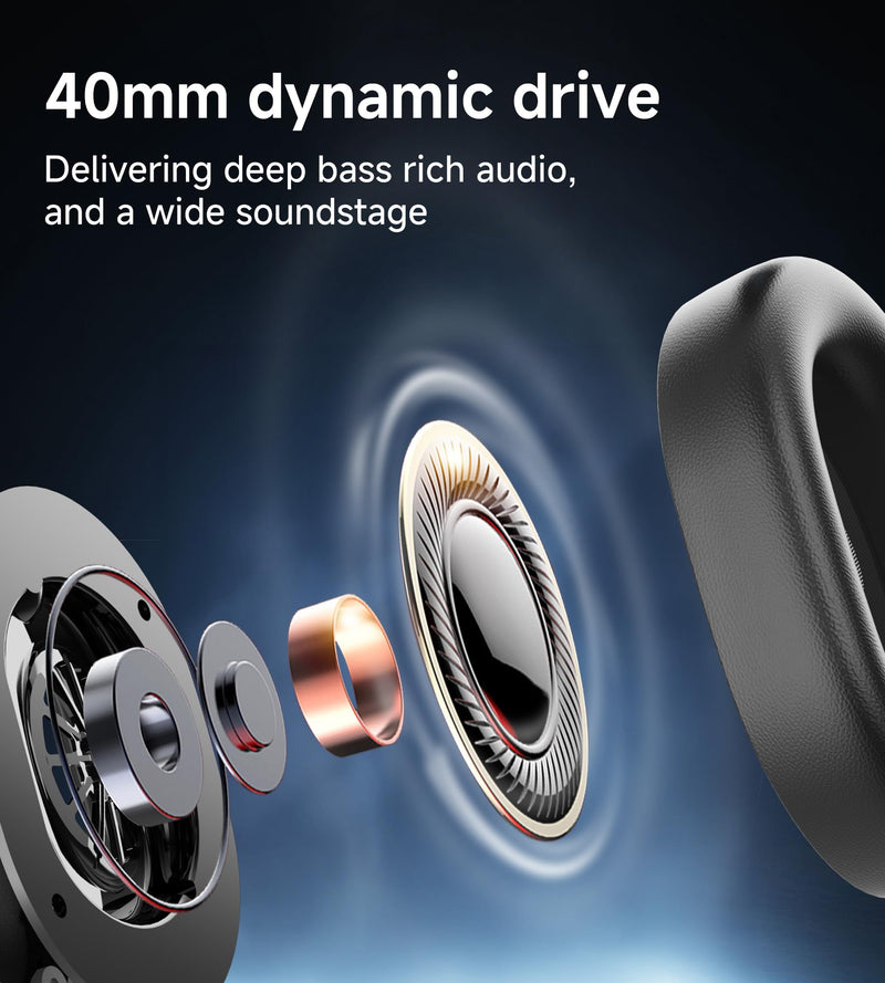 UPGRADE Noise Cancelling Headphones Wireless Bluetooth Over-Ear Headphones Booming Bass Memory Foam Ear Cups for Commuting Office Travel Home Phone PC - Comfortable and Foldable Design- Black
