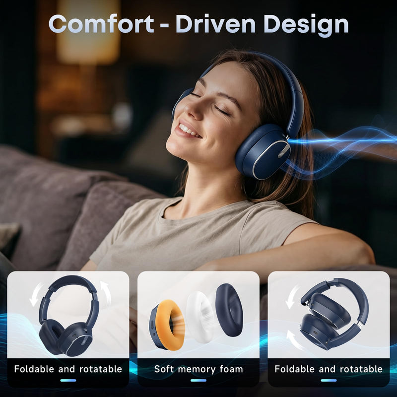 Hybrid Active Noise Cancelling Bluetooth Headphones Wireless Headphones | Over Ear, 120H Playtime, Hi-Res Audio, Deep Bass, Memory Foam Ear Cups for Home Office Travel Black，blue Blue