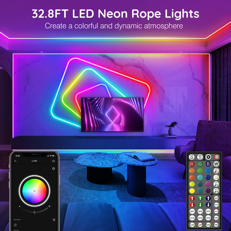 [AUSTRALIA] - 32.8Ft Neon Rope Lights,Flexible Led Rope Lights Control with App/Remote,Multiple Modes RopeLights,IP65 Outdoor RGB Led Neon Lights NonWater Resistant,Music Sync Gaming Led NeonLight Strip 32.8FT 