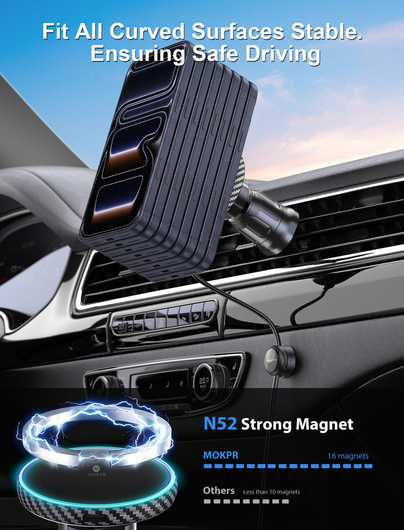 for iPhone Magsafe Car Mount Charger Vent-LED Wireless Car Charger | Magnetic Car Phone Holder HandsFree Car Mount Fast Car Charger for iPhone 17/16/15/14/13/12 Series Carbon Firber Gcarbon fiber