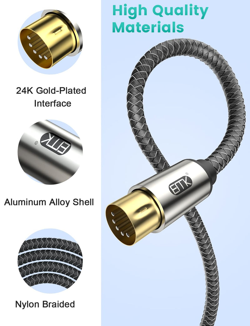 EMK Premium 5-Pin MIDI Cable (1 PCS, 4Ft/1.2M) - Nylon Braided Durable MIDI to MIDI Cord for Keyboard, Synthesizer, Guitar Pedal, Sampler, Audio Interface, Mixer - Gold-Plated Connectors 5-Pin MIDI Cable 1PCS 1.2M