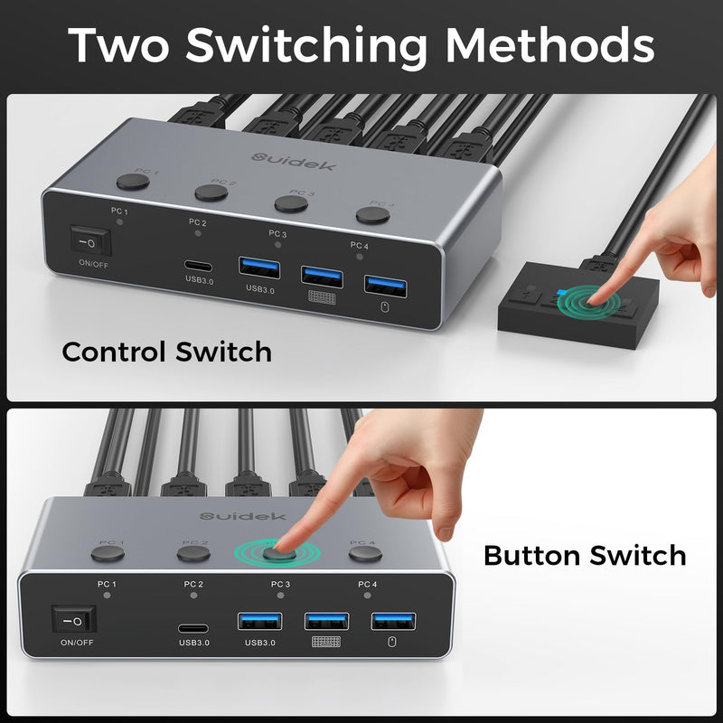 SUIDEK 8K@60Hz HDMI KVM Switch 4 Computers 1 Monitor-4 Ports USB 3.0(3A+1C) | Aluminum KVM Switches, Share 1 Monitor Keyboard Mouse Printer - Includes 4 USB Cables, Desktop Controller & 12V Power Adapter