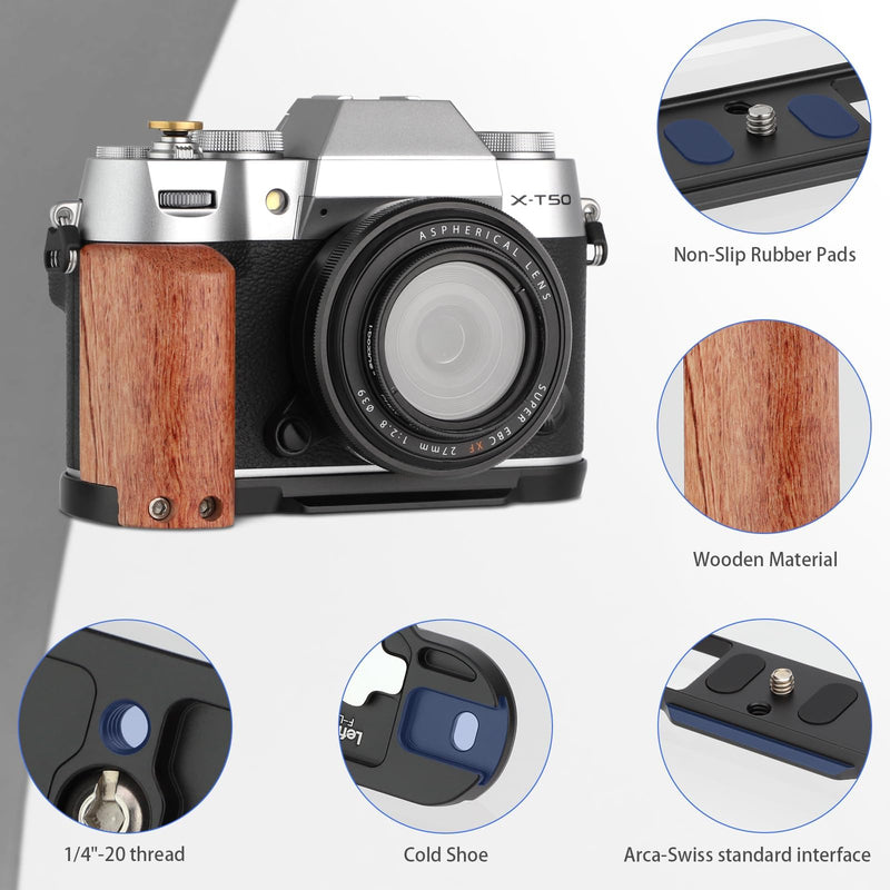 [AUSTRALIA] - LEFTFOTO X-T50 Retro Handgrip L-Shape Bracket Handle with Wooden Grip for Fujifilm X-T50 Camera,with Built-in Bottom Arca Quick Release Plate, with Shutter Button,Black 