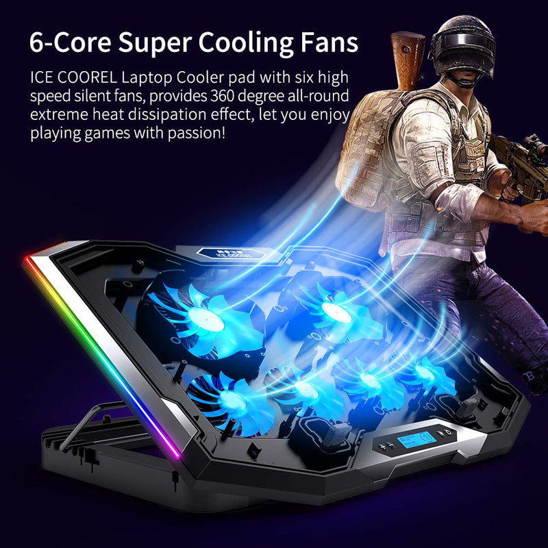 ICE COOREL Gaming Laptop Cooling Pad 15-17.3 Inch with 6 Cooling Fans, Cooling Stand with 6 Height Adjustable, Laptop Cooler with RGB Light, LCD Screen, 2 USB Ports, Phone Stand 6 Fans