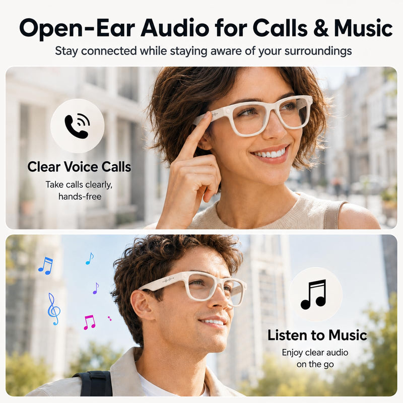 AI Smart Glasses with Camera Stabilization - 8MP POV Video Recording, Real-Time AI Translation, Smart Assistant, Dual-Mic Noise Canceling for Travel & Meetings - Anti-Blue Light, Beige Frame