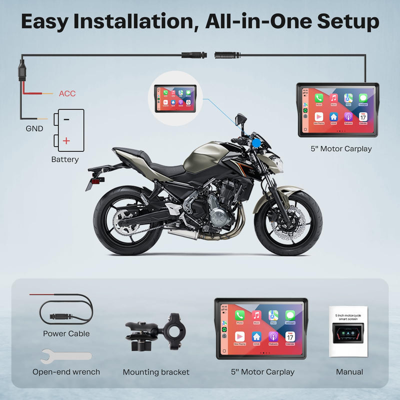 WonVon 5 Inch Motorcycle Carplay GPS Navigation System with Apple Carplay and Android Auto Portable Screen with Dual Bluetooth, Navigation, Siri, Google Assistant（Not Inchluded TPMS）