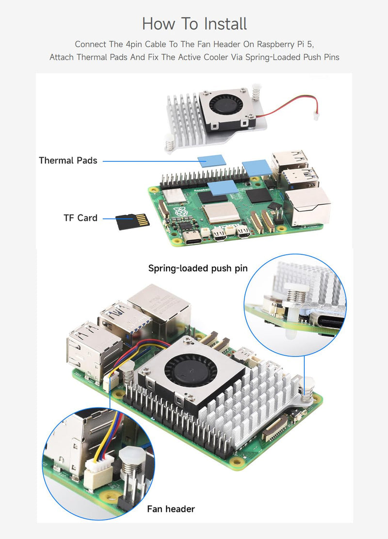 Waveshare Active Cooler (B) for Raspberry Pi 5, Active Cooling Fan, Aluminium Heatsink, with Thermal Pads