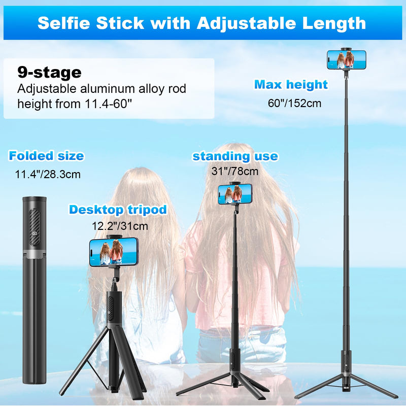TONEOF Tripod, Cell Phone Selfie Stick, 60 Inch All-in-1 Stand with Integrated Wireless Remote, Lightweight and Portable, Extendable Tripod for 4-7 Inch iPhone and Android（Black Grey） Black Grey