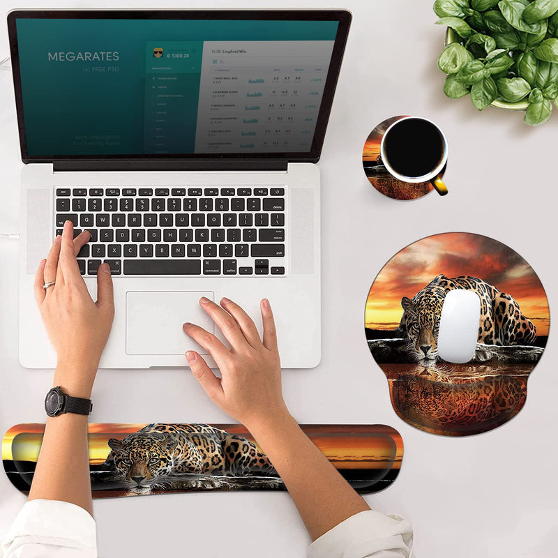 Ergonomic Mouse Pad Wrist Support & Keyboard Wrist Rest Set (with Coaster), Memory Foam Gel Keyboard Moue Pads Combo for Easy Typing Pain Relief Computer Laptop Office-Leopard Drinking Leopard Drinking