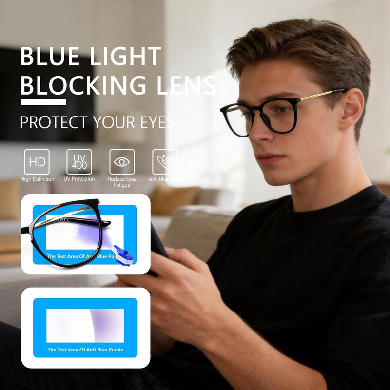 Blue Light Blocking Glasses - Round Frame Metal Arms Computer Screen Glasses for Women Men Anti UV Glare JF6237 A2 - Clear