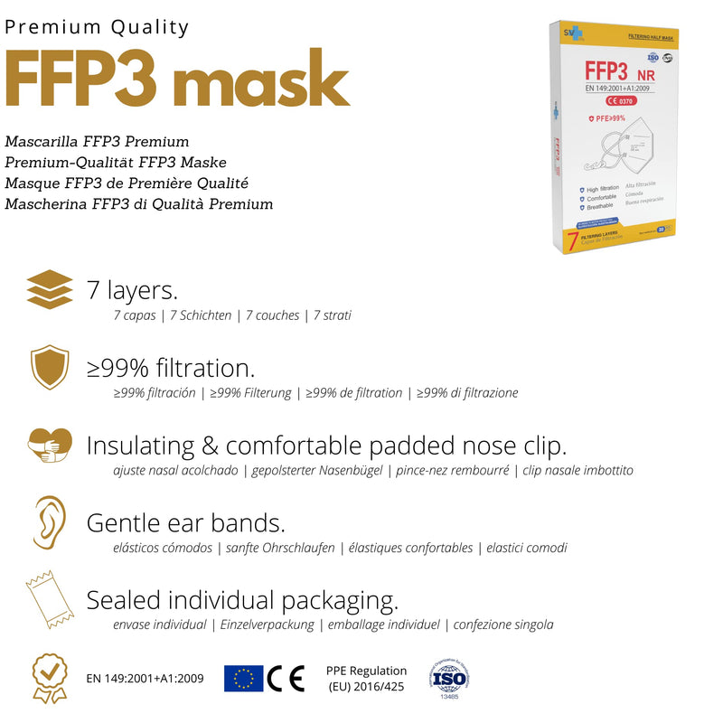 FFP3 Mask with 7 Layers, CE Certified, High Protection >99%, Individual Packaging, Non-Reusable, Adult Size, without Valve, Pack of 20