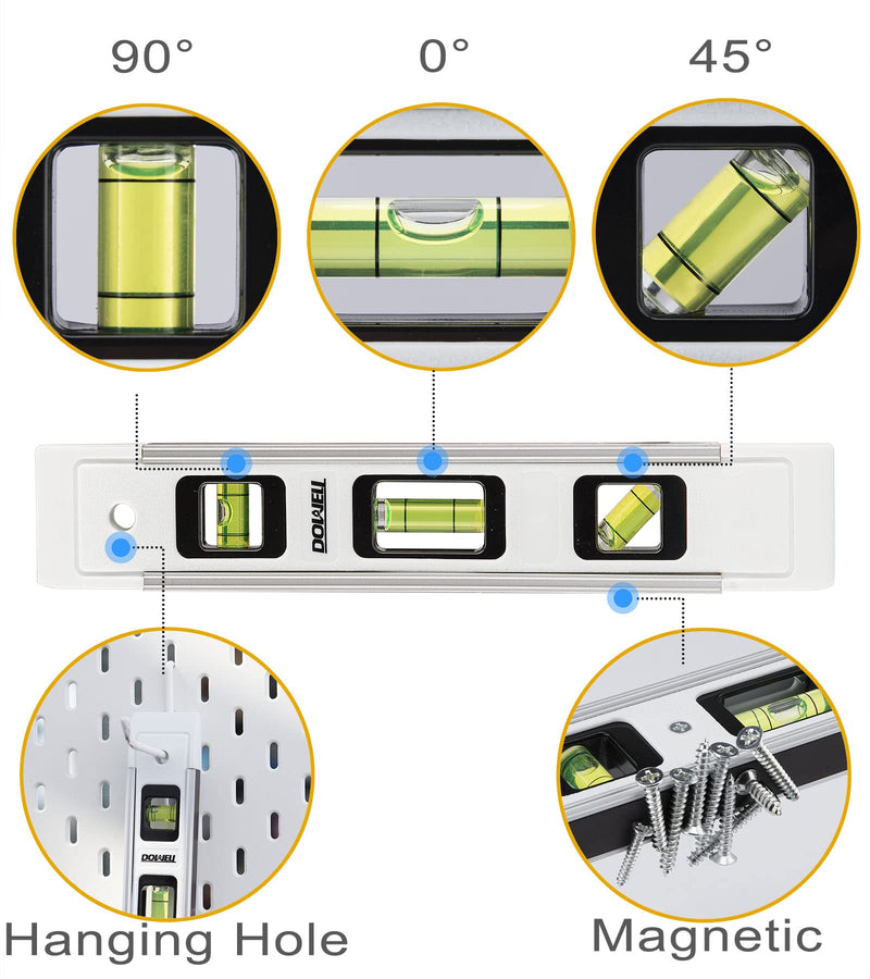 DOWELL Magnetic Torpedo Level 23cm Mini Dragonfly Spirit Level with Aluminum Frame 180/90/45 Degrees (1 Piece, White) 1
