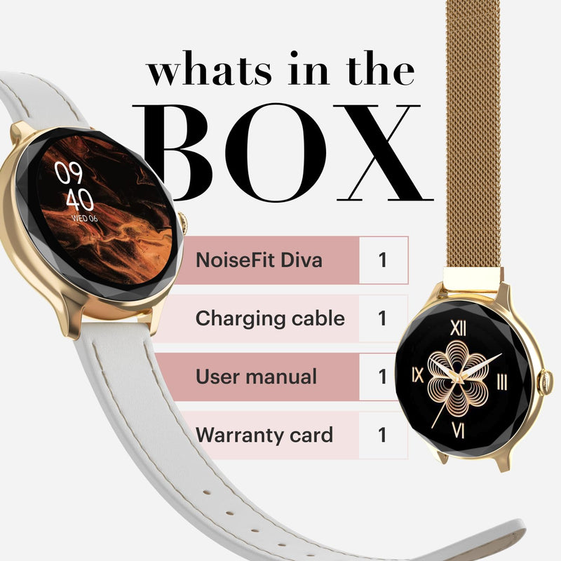 Noise Diva Smartwach for Women with AI Voice Assistant, 100+ Watchfaces, Sleep Tracker, Female Cycle Tracking, BT Calling, AMOLED Display, Water & Dust Resistant, 1 Year Warranty Gold Link