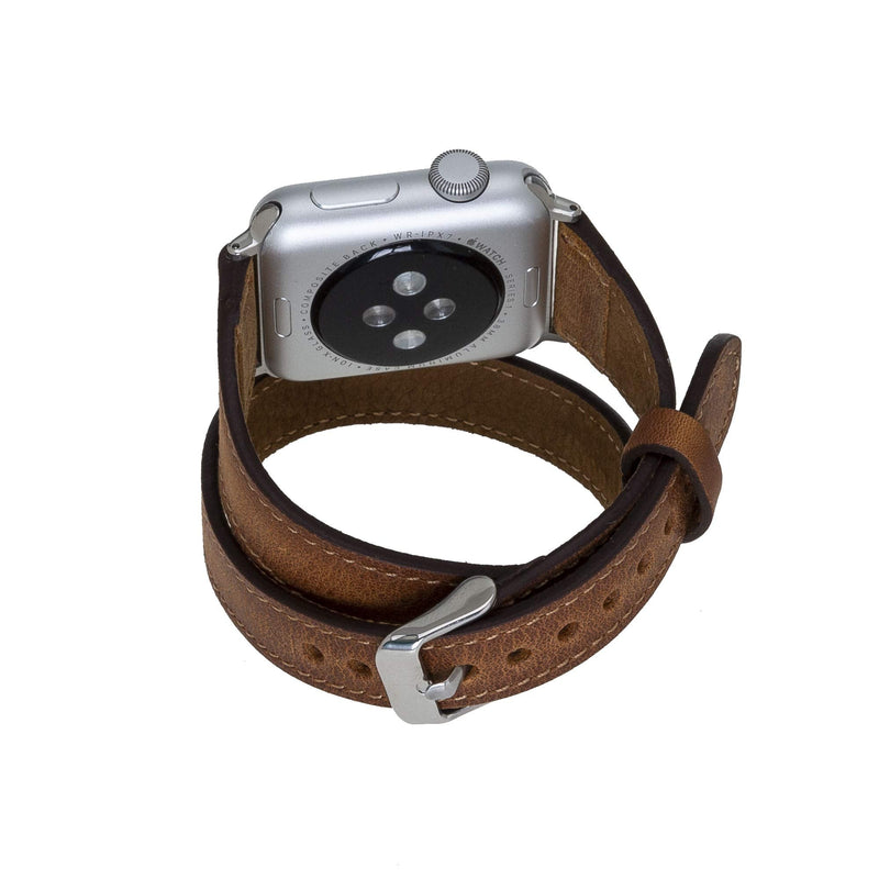 Venito Serena Slim Double Wrap Leather Watch Band Compatible with Apple Watch 38mm 40mm 41mm - iwatch Series 1, 2, 3, 4, 5, 6, 7, SE (Antique Brown w/Silver Stainless Steel Hardware)