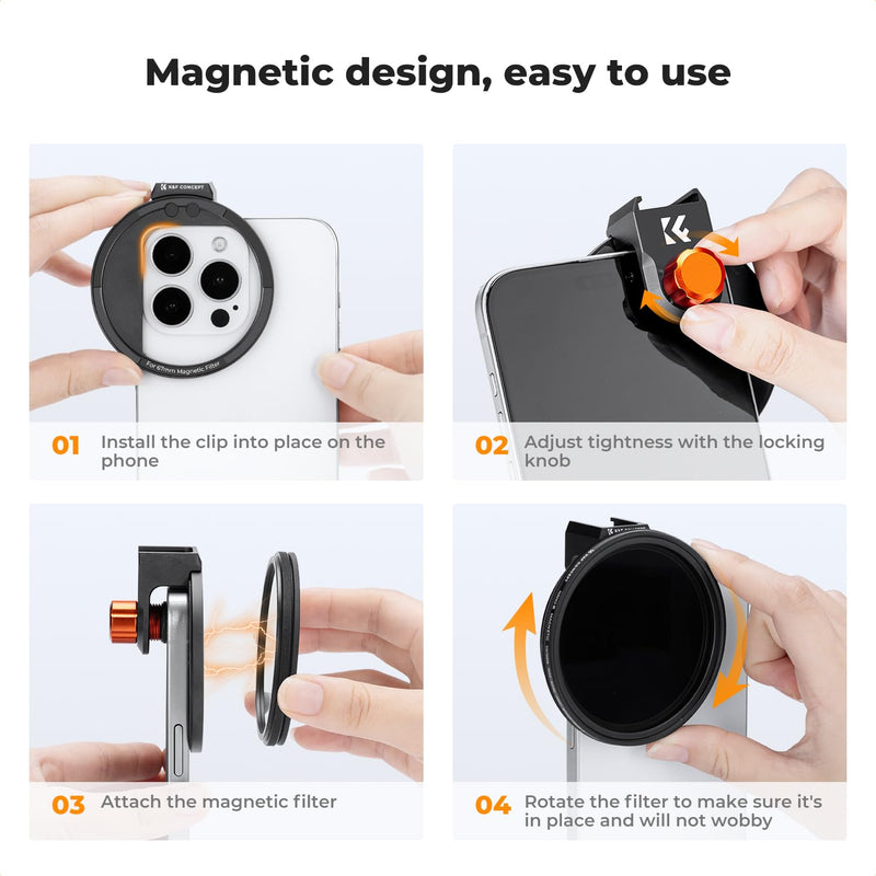 [AUSTRALIA] - K&F Concept Clip On 67mm Variable ND2-32 Magnetic Phone Lens Filter Kit, Phone Clip with Magnetic Adapter Ring/Cold Shoe/Locking Knob, Neutral Density Filter for iPhone 16 15 Pro Max 14 13 