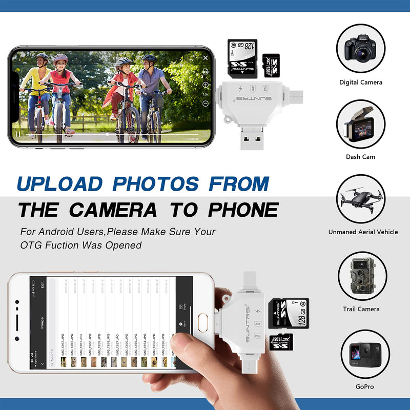 SD/Micro SD Card Reader for iPhone/ipad/Android/Mac/Computer/Camera,Portable Memory Card Reader 4 in 1 Micro SD Card Adapter&Trail Camera Viewer Compatible with TF and SD Card white