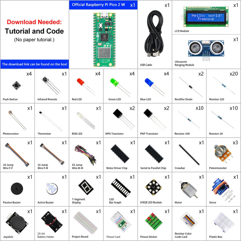 [AUSTRALIA] - Freenove Super Starter Kit for Raspberry Pi Pico 2 W (Included), Dual Arm Cortex-M33 and Dual Hazard3 RISC-V Microcontroller, 588-Page Detailed Tutorial, 177 Items, 94 Projects, Python C Java Code with Raspberry Pi Pico 2 W 