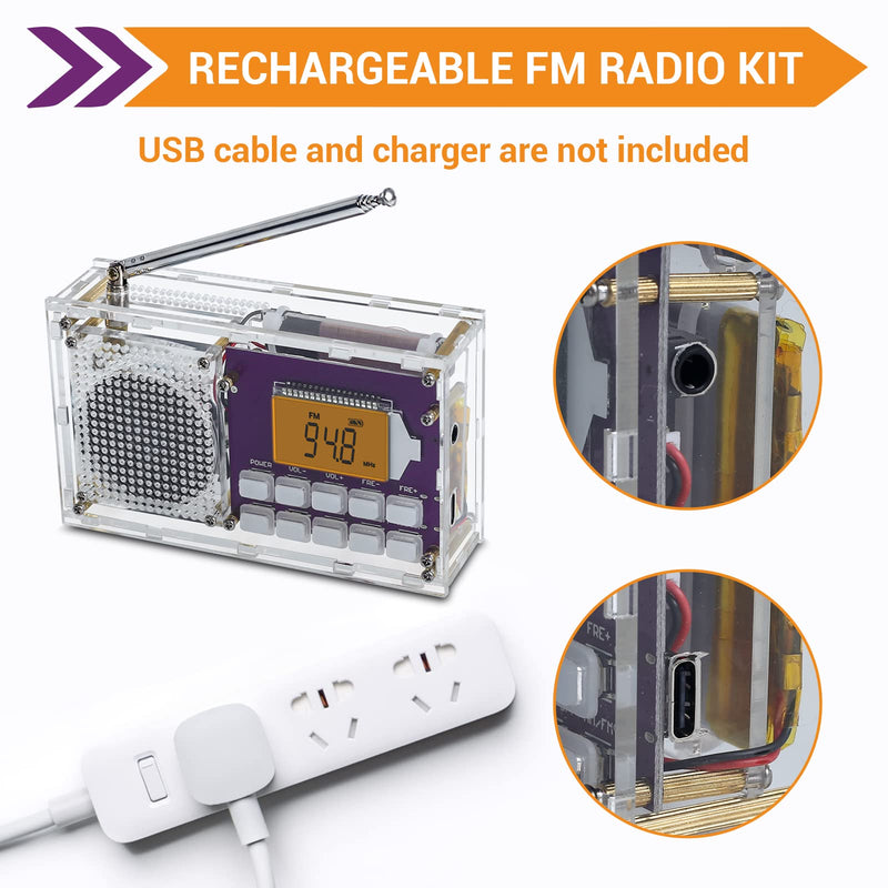 ICSTATION DIY Radio Kit, FM Radio Assemble Kit with Time Display Rechargeable FM Radio Kit FM 87-108MHZ No Soldering Required Assembly Projects for Adults School Student STEM Learning Teaching