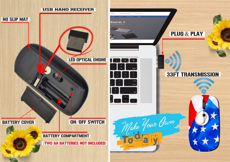 Maizi Wireless Mouse for Laptop Computer PC MacBook Chromebook, Wireless Mouses Image ID: 10046308 American Flag and Baseball Ball Portable 2.4G with USB Receiver Made in USA BYADAUa0PA_AMERICAN FLAG AND BA_042