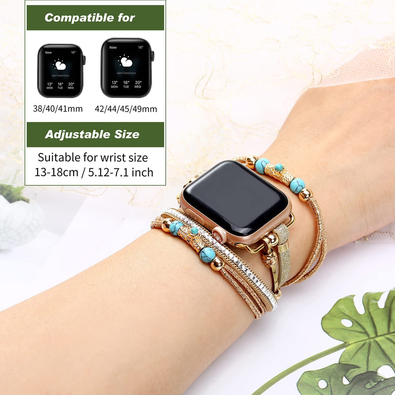 Boho Leather Bands Compatible with Apple Watch Band Bracelet for Women Men 38mm/40mm/41mm, Multilayer Apple Watch Strap for Iwatch Band Series 8/7/6/5/4/3/2/1/SE Ultra