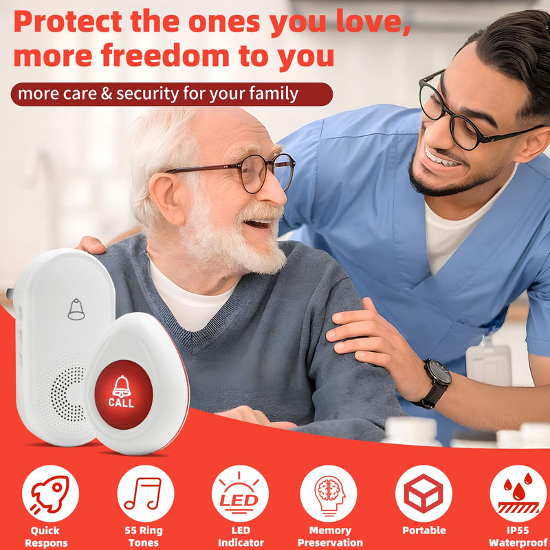 Nestling® Wireless Caregiver Pager SOS Call Button for Elderly Monitoring, Emergency Alert System Call Bell for Nurse Patient Disabled 1 Waterproof Transmitter & 1 Plugin Receiver