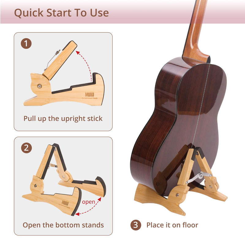 MUSO Guitar Stand Tripod Adjustable Classic Wood Stand Universal for Acoustic and Bass Electric Guitars Folding Floor Travel Stand Small Single Holder Bamboo