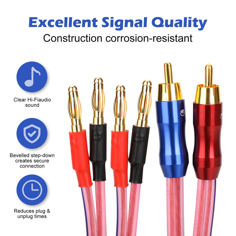 KK R1-B2-D0.5 4N OFC Speaker Wire Pair with RCA Male (Blue & Red) to 2 Pair Banana（4banana） Plugs 1.64Foot-Pair KK R1-B2-D0.5 3M/9.8Foot
