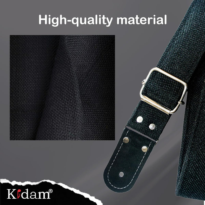 Kidam Jute Guitar Strap, Natural Fiber Adjustable Strap with Leather Ends for Acoustic, Bass & Electric Guitars Black
