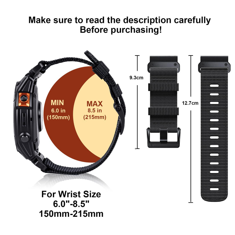Adjustable 26mm Nylon Watch Band for Garmin Fenix 7X/6X/5X/Enduro 2, Tactix 7 Pro, Epix Pro 51mm - Quick fit 26 Sports Wrist Strap with Stainless Steel Adapter Black+Khaki (Black Buckle) 26mm fits 51mm case